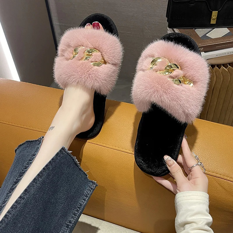 Autumn Winter Open Toe Furry Fluffy Slippers Women Home Indoor Warm Thick-soled Slipper Fashion Cotton Slippers Zapatillas Mujer 240611