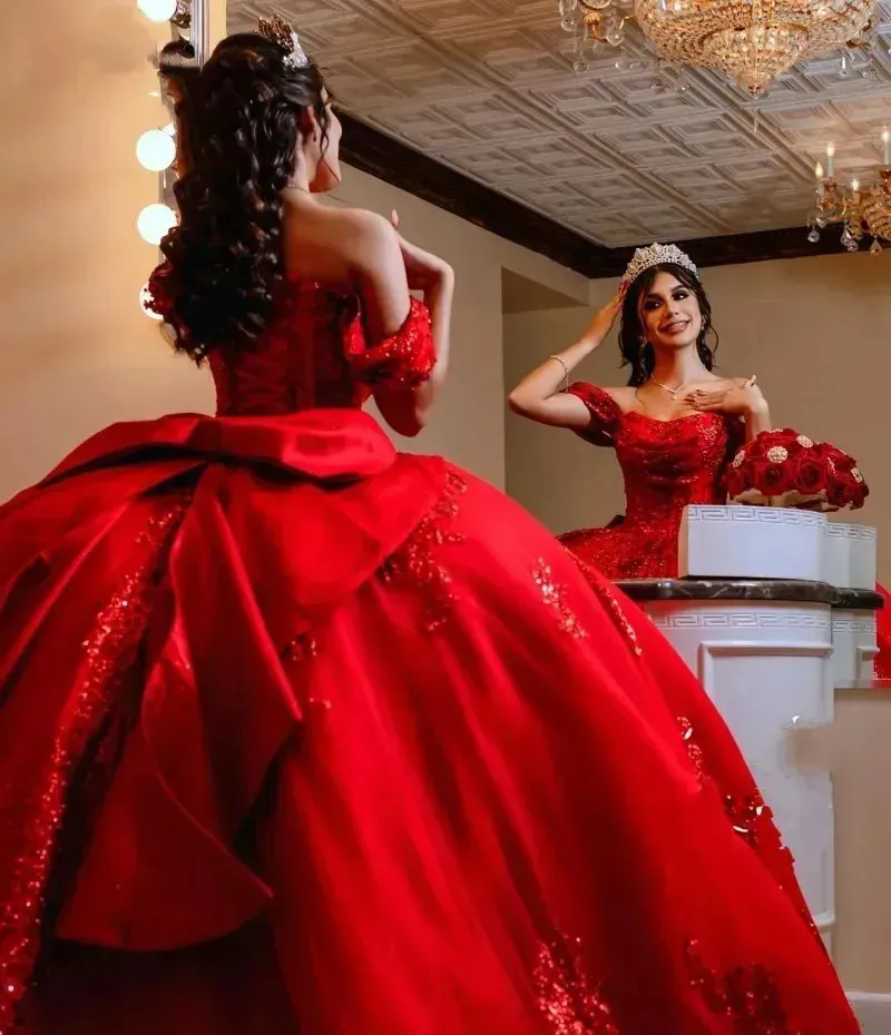Red Giltter Quinceanera Dresses Vestidos De 15 16 Birthday Party Gowns Off The Shoulder Sequin Princess Bling Ball Gowns Prom Party Gowns Corset Plus 