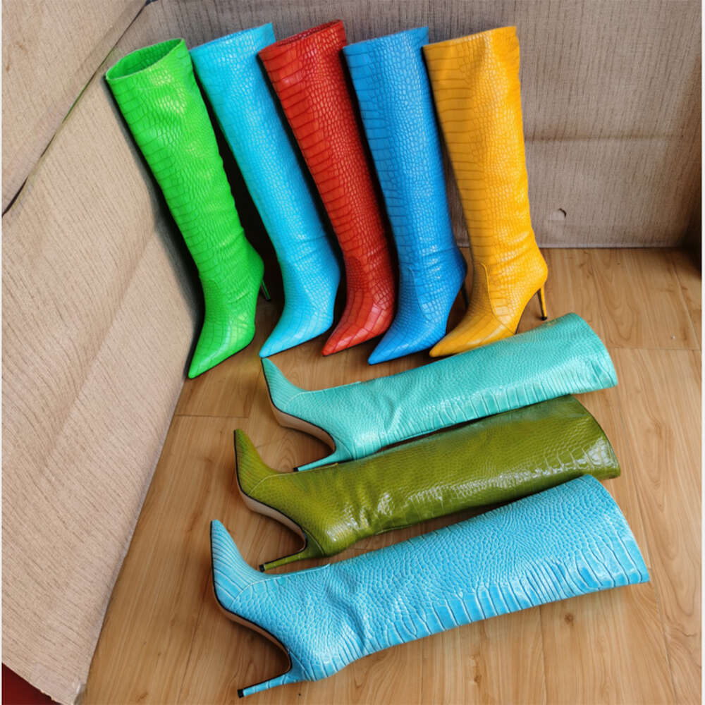 Plus Size 43 Women Sexy Crocodile Pattern Knee High Boots 2022 New Autumn Winter High-Heel Pointed Toe Women's Shoes Green Black