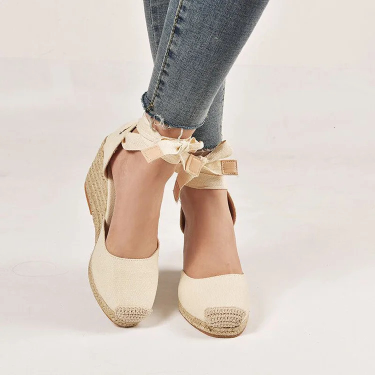 Women Espadrille Ankle Strap Sandals Slippers Ladies Womens Casual Wedge Shoes Breath Flax Hemp Canvas Pumps Platform Sandals 240611