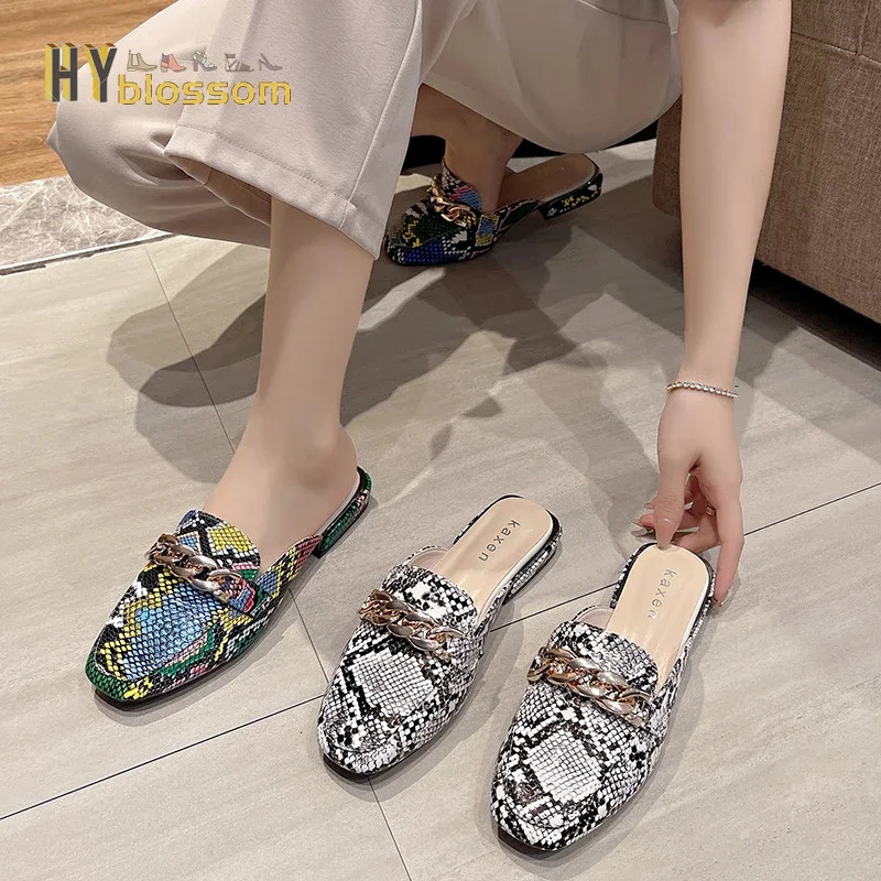 Snake Prints Chain Mules Womens Slides Square Toe Shoes Classic Fashion Footwear Plus US 42 43 Slippers Womens Shoes 240611