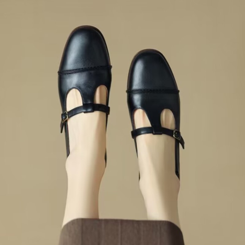 New Retro Women's Oxford Shoes Low Heels T Strap Shoes For Female Black Buckle Strap Leather Shoes Girls Zapatos Mujer 1547N