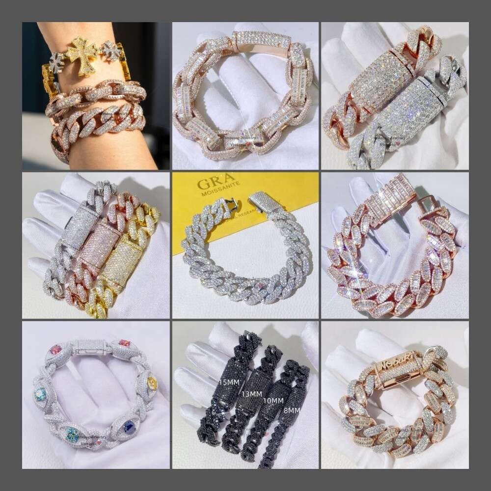 Iced Out Moissanite Cuban Link Chain 925 Sterling Silver 18k Gold Plated Pass Diamond Tester Vvs Moissanite Men Bracelets