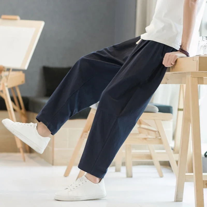 6 Colors Summer Mens Trousers Cotton Linen Fashion Thin Soft Casual Pants Breathable Loose Shorts Straight Pants Streetwear 240530