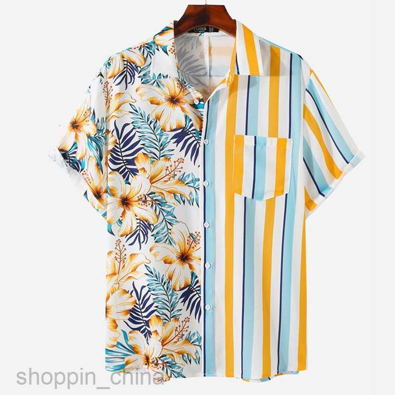 Men's Casual Shirts New men's shirt 3D digital printing short sleeved lapel striped shirt men's short cardigan top tops