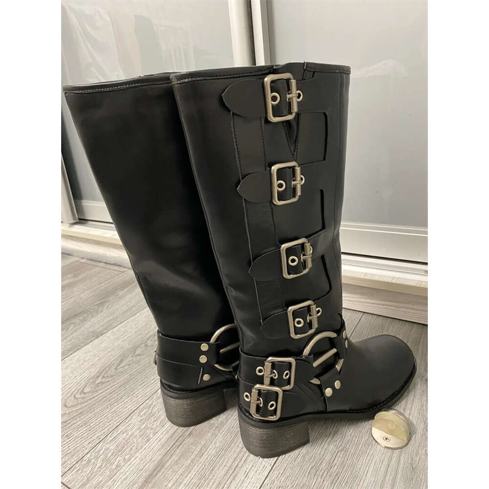 Onlymaker Women Gothic Black Knee High Heeled Brown Metal Rivet Buckle Fashion Motorcycle Boots