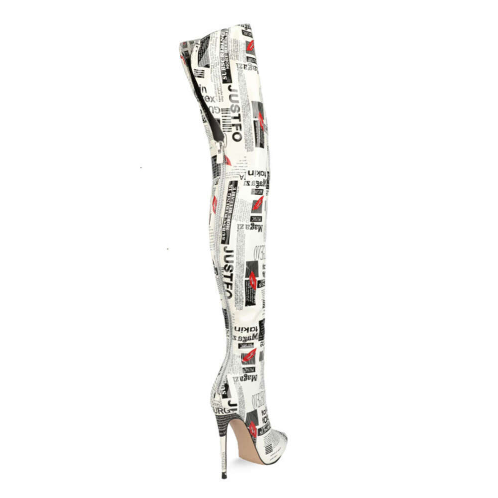 White Thigh High Patent Leather Over The Knee Boots Fashion News Paper Print Autumn Winter Shoes For Women Plus Size 250305