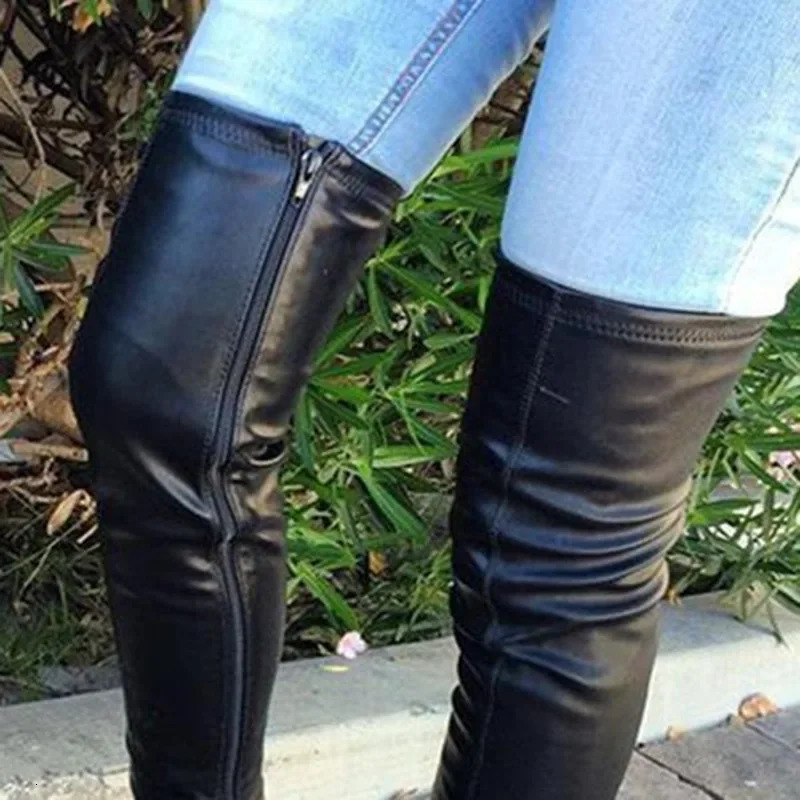 Womens knee boots winter round toe low square high heels womens large size 41- womens shoes 240611