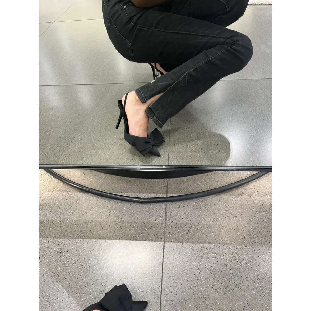 Womens Black High Heels Pumps 2024 Elegant Bow Stiletto Ladies Sexy Pointed Toe Heeled Sandals Female Chic Party Slingbacks