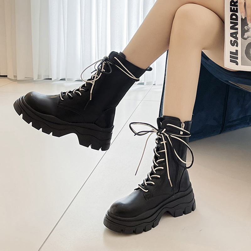 Pink Chunky Platform Ankle Women 2022 Autumn Thick Bottom Pu Leather Boots Shoes Woman Mix Color Lace Up Motorcycle Botas