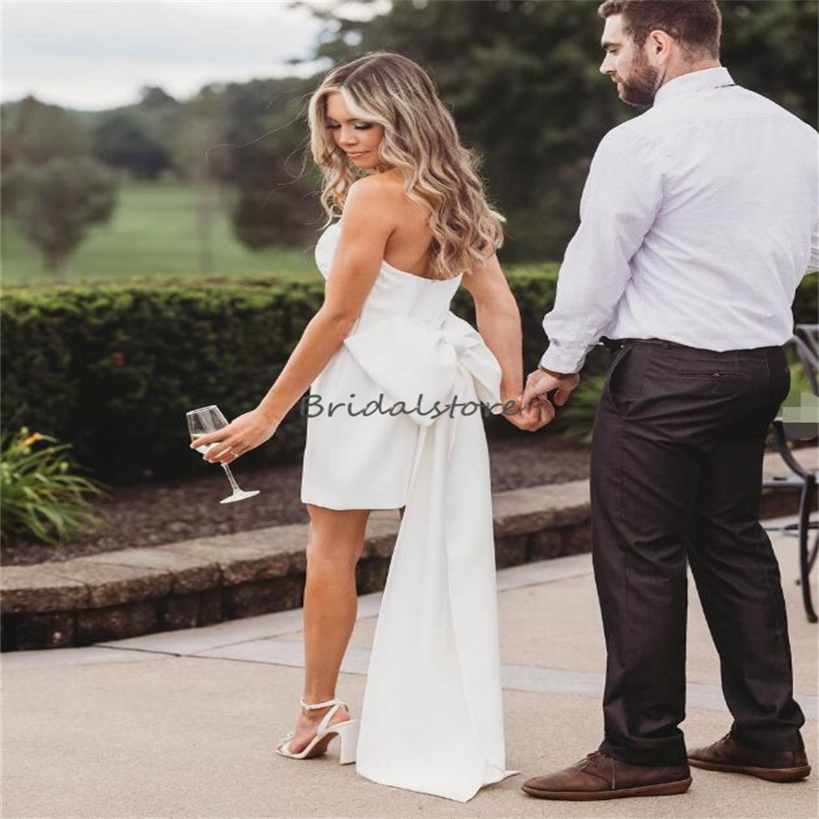 Minimalist Boho Short Wedding Dresses With Bow Strapless Soft Satin Beach Bridal Dress 2024 Civil Backless Garden Bride Dress Gatsby Vestios De Novia 