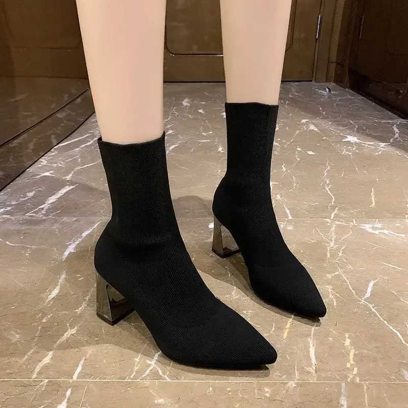 Footwear Black Pointed Toe Short Shoes for Woman Elastic Booties Sock Women's Ankle Boots Pu Trend 2023 High Quality Hot Y2k 39