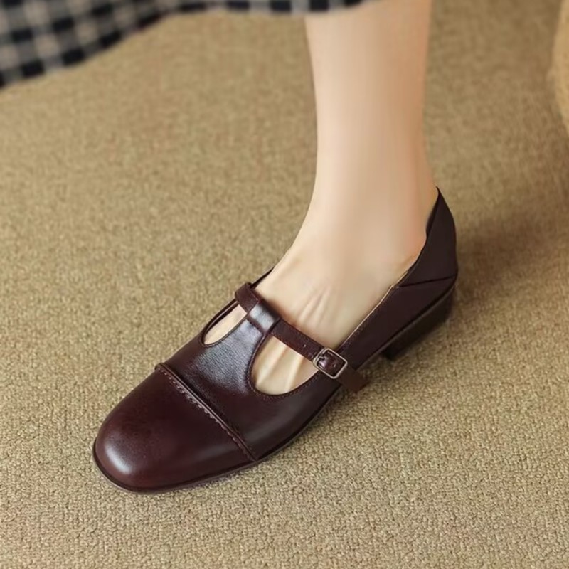 New Retro Women's Oxford Shoes Low Heels T Strap Shoes For Female Black Buckle Strap Leather Shoes Girls Zapatos Mujer 1547N