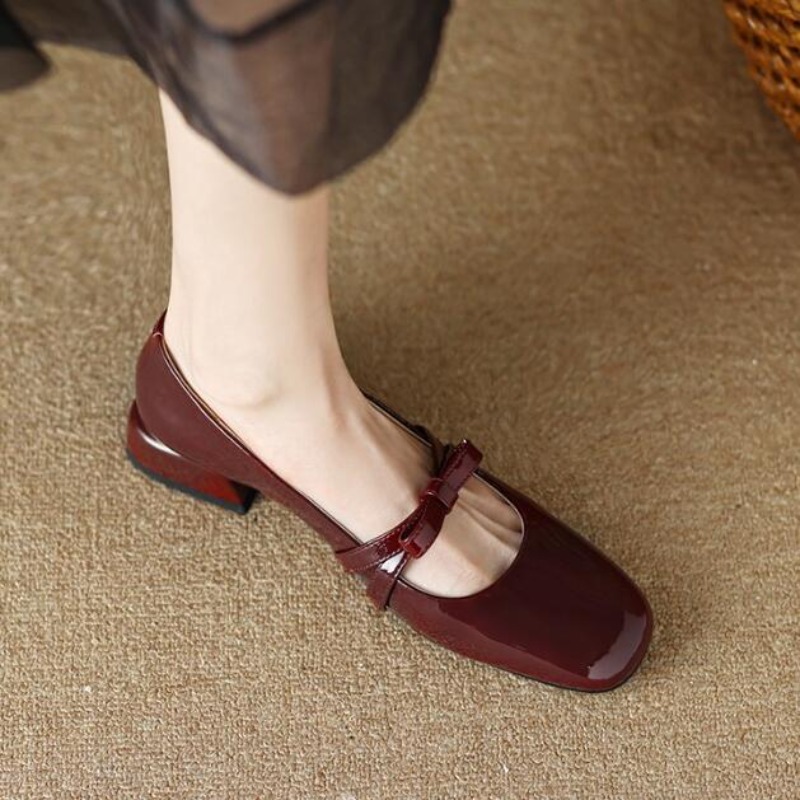 Women New Mary Jane Red Ladies Footwear Japanese Style Lolita Low Elegant Bow New Leather Chunky Heel Shoes 68c3