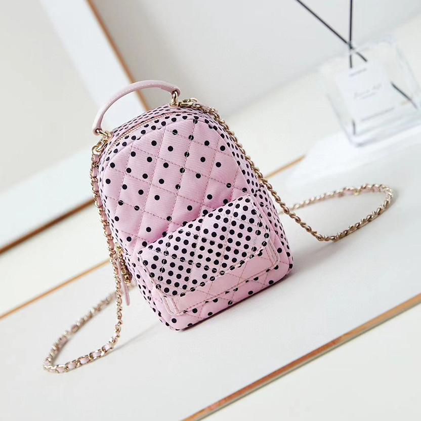 10A Mirror Quality Designer Tweed Mini Backpack Womens Luxurys Handbags Dot Pattern Quilted Bag Double Chain Strap Shoulder Pink Bag With Box