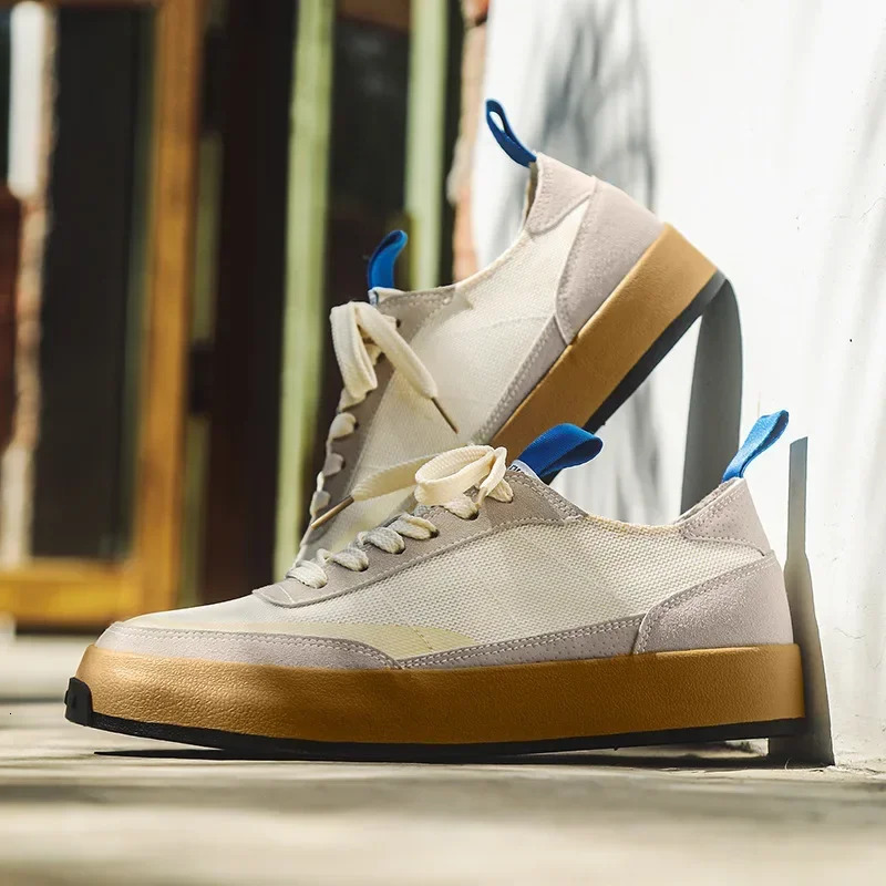 Trendy Men Casual Sneakers Patchwork Flat Canvas Shoes for Men Ice Silk Walking Platform Shoes Comfortable Vintage Sneakers Male 250225