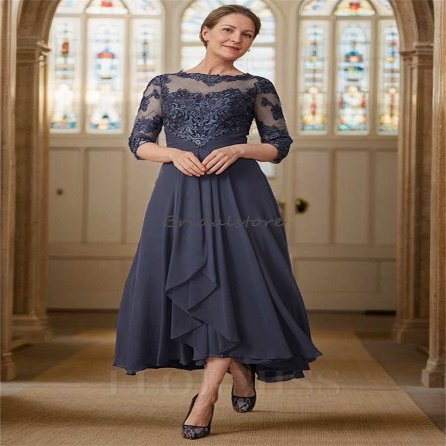 Dark Navy Mother Of The Bride Dress Tea Length Chiffon Midi Evening Dresses 2024 Half Sleeve Lace Wedding Guest Party Gown 2024 Formal Women 50s Birth