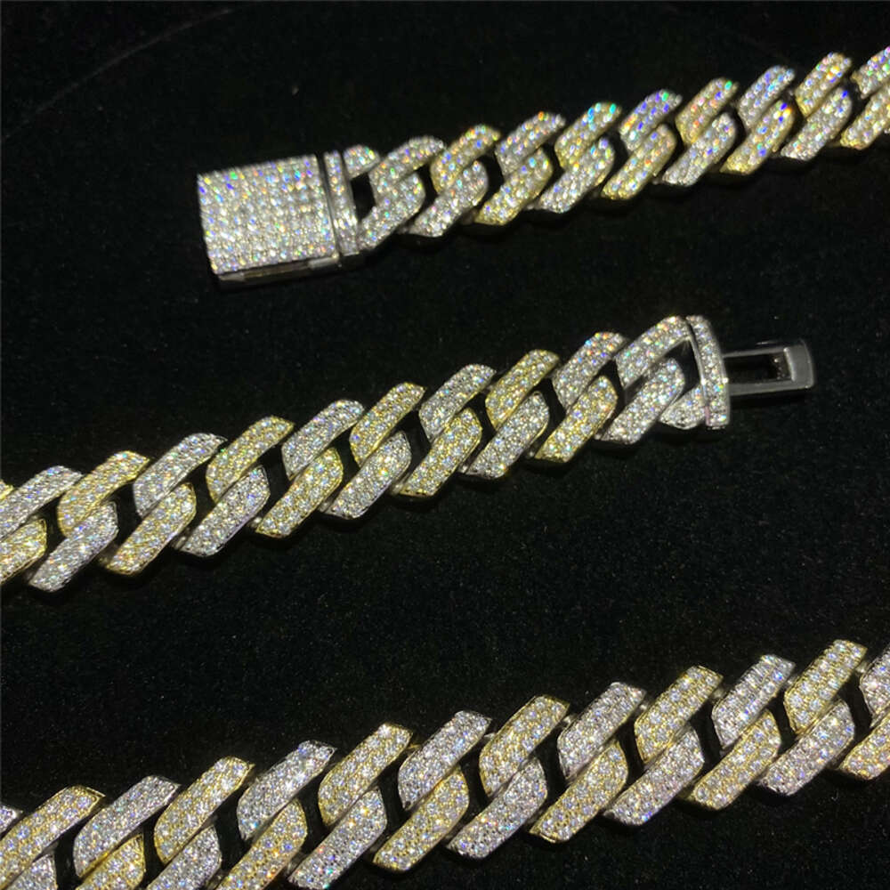 Sterling Silver Hip Hop Jewelry Moissanite Chain Cuban Bracelet 14mm Two Tone Iced Out Diamond Gold Plated Cuban Link Chain
