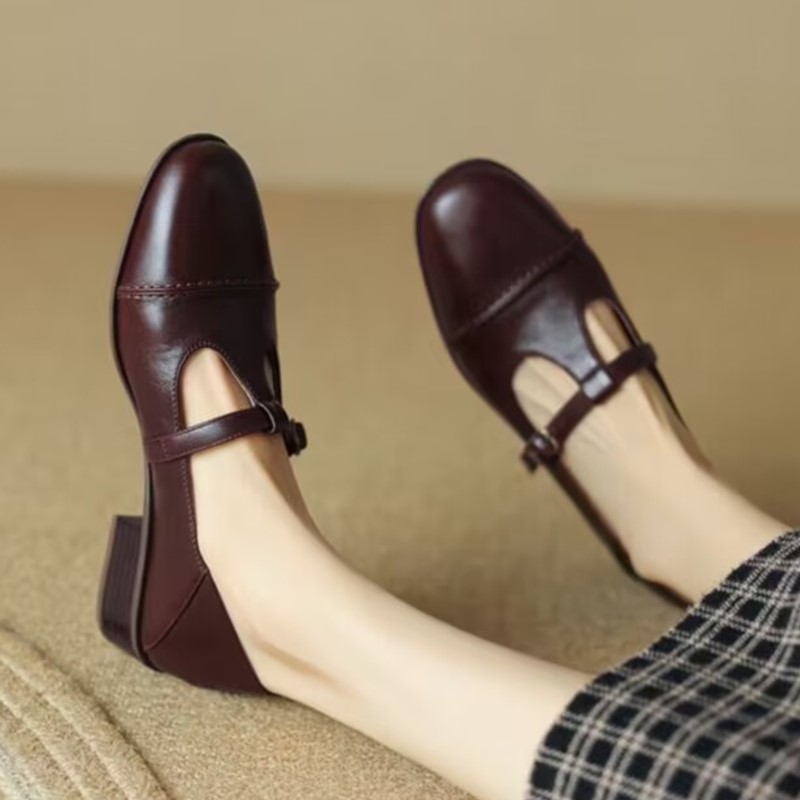 New Retro Women's Oxford Shoes Low Heels T Strap Shoes For Female Black Buckle Strap Leather Shoes Girls Zapatos Mujer 1547N