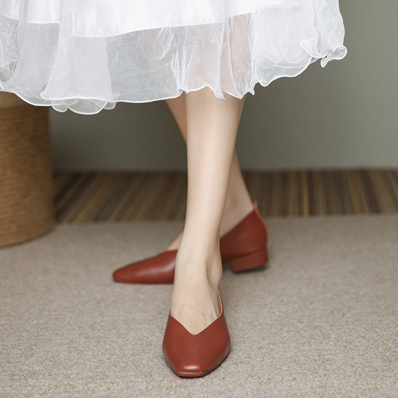 Genuine Low-heeled Women 2023 Spring Soft New Leather Flat Bottom Shallow Cut Single Shoe Versatile Casual Heel Loafers