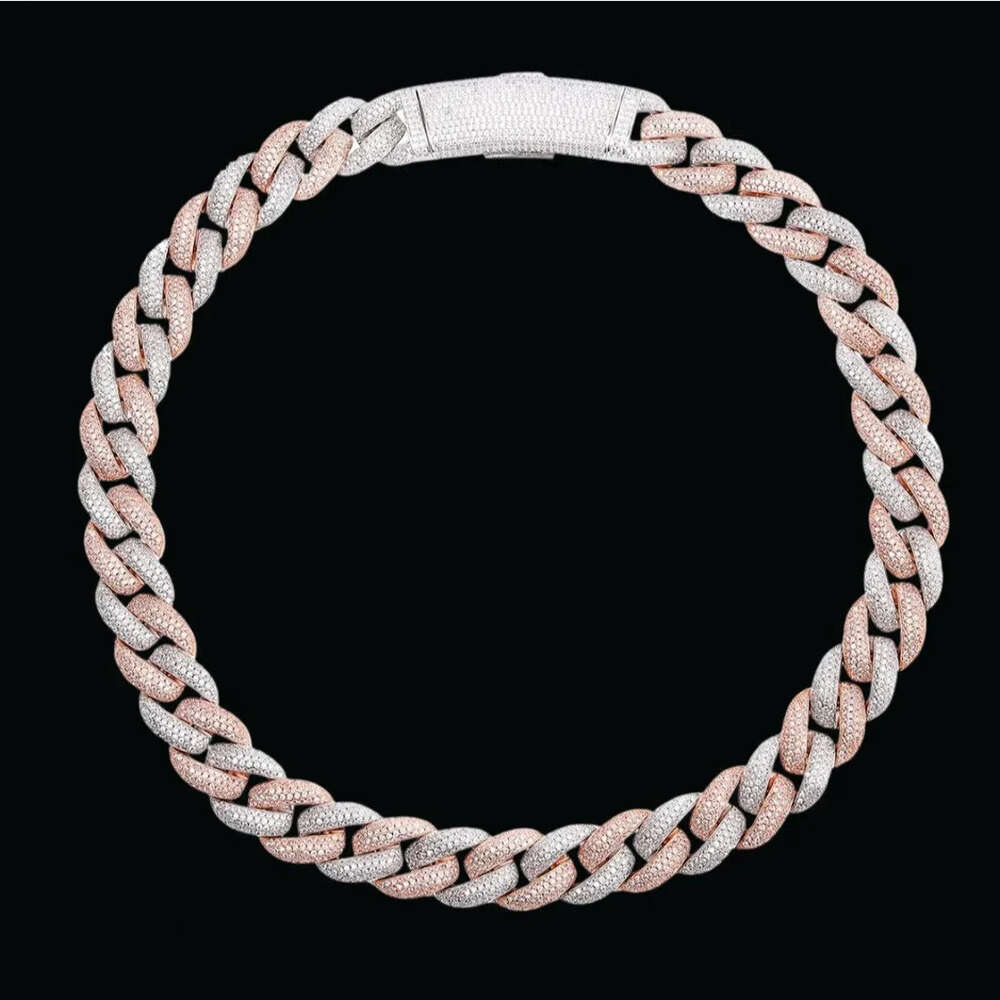 Custom Fashion 20mm 2 Tone Gold Cuban Chain Round Vvs Moissanite Diamond with Long Box Clasp Cuban Miami Link Chain