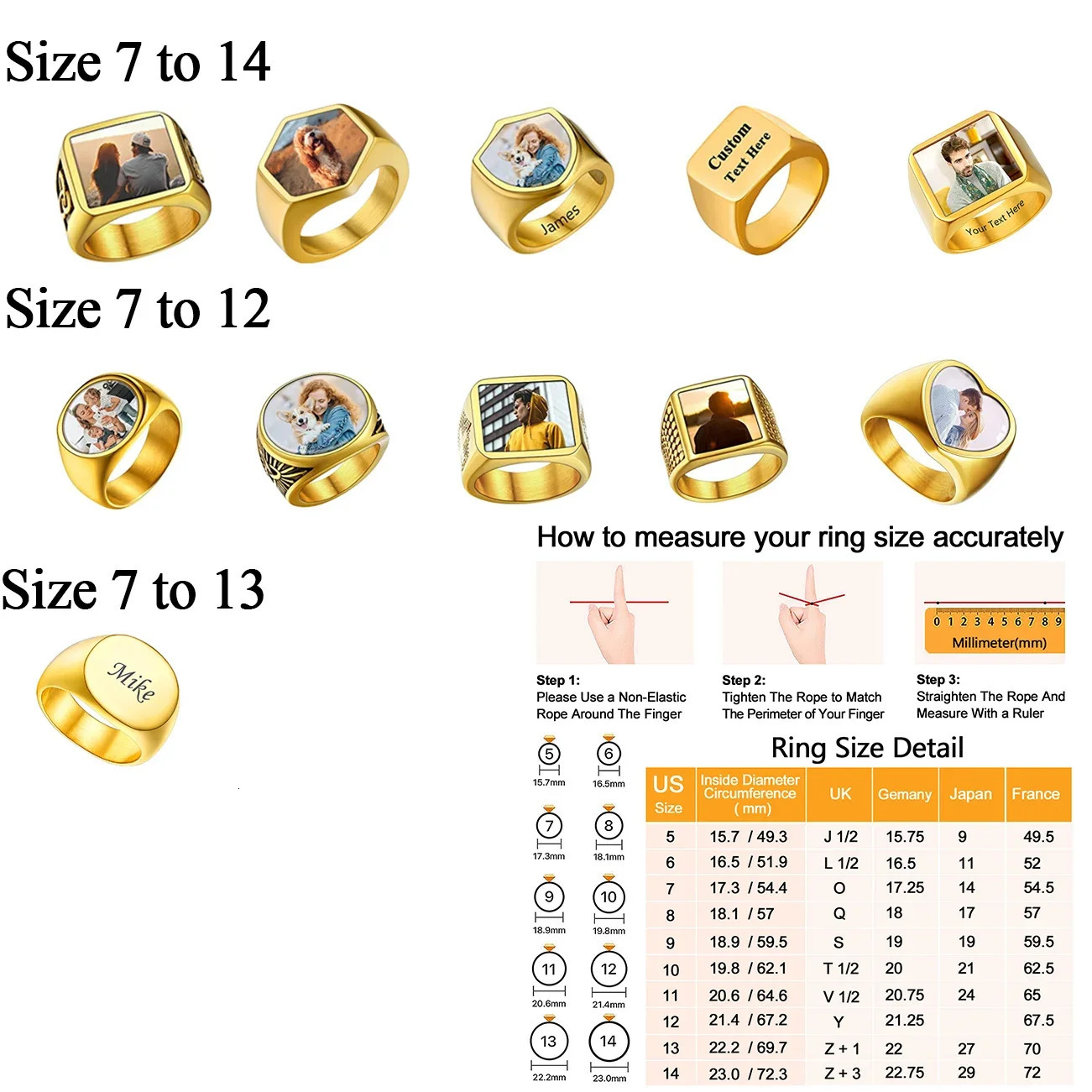 U7 Personalized Signet Ring for Men Stainless Steel Family Po Name Laser Engrave Customized Square Round Heart Ring Size 7-14 240530