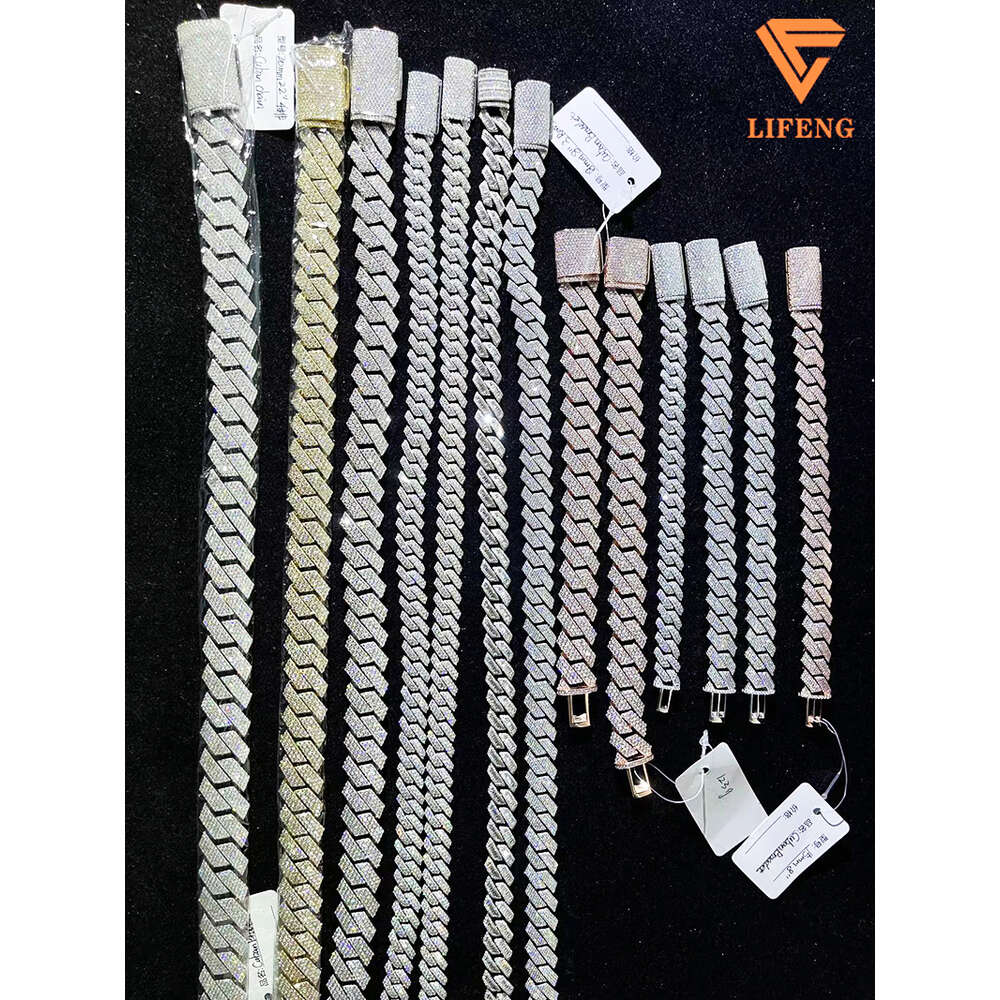 Lifeng Jewelry Iced Out Hip Hop Vvs Cuban Link Chain Necklace Luxury Moissanite 925 Silver Gold Plated Men