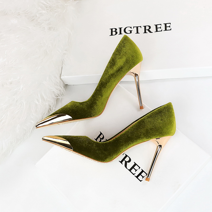 BIGTREE Women High Heels Evening Green Wine Red Pumps Scarpins Wedding Bridal Velvet Stiletto Heels Lady Fetish Metal Toe Shoes