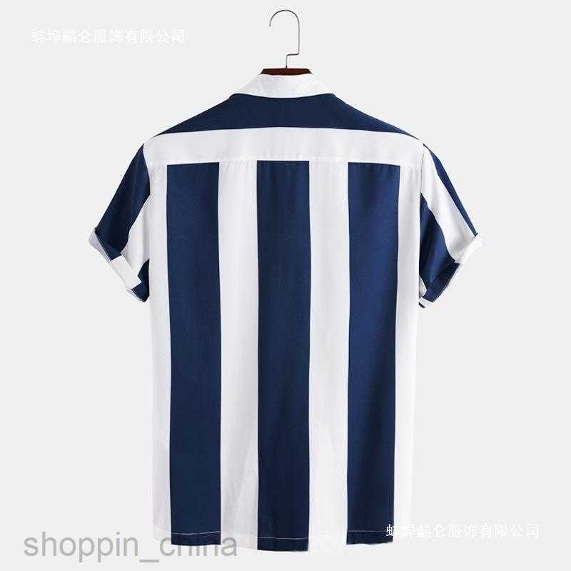 Men's Casual Shirts Men's short sleeved shirt, summer new fashionable color contrast striped single breasted lapel shirt tops