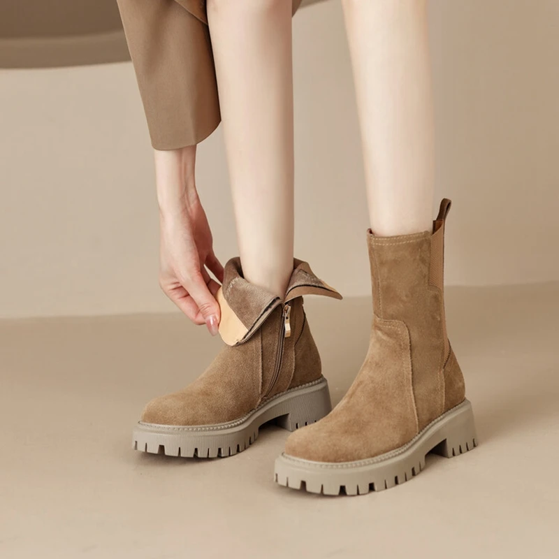 Autumn NEW Round Toe Thick Heel Short Cow Suede Boots Winter Platform Shoes for Women 1b11