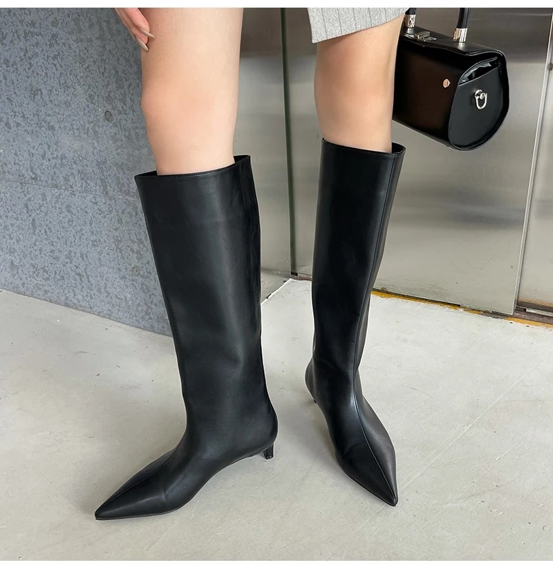 Eilyken High Quality Soft Leather Pointed Toe Knee-High Boots Woman Cosy Slip-On Low Heels Spring Autumn Ladies Shoes c9a9