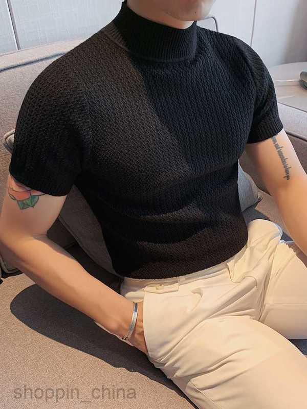 Men's T Shirts New Spring and Autumn Knitted Short sleeved Half High Neck T-shirt Men Slim Fit Inner Layup Top Man Sweater Bottom tees tops