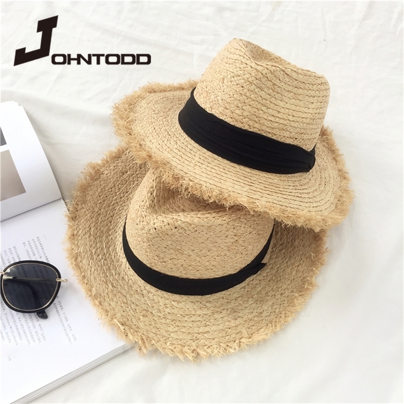 Natural Large Wide Brim floppy hat Raffia jazz Straw Hat Women Summer Fringe Beach Cap hand Weave sun Hat wholesale beach hat 240601