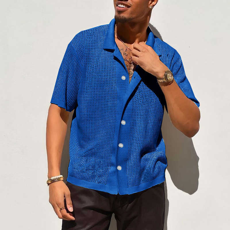Men's Polos Shirts Man Casual Knitted Shirt Men Summer New Solid Color Lapel Hollowed Out Breathable Male Short Sleeved Top Tops
