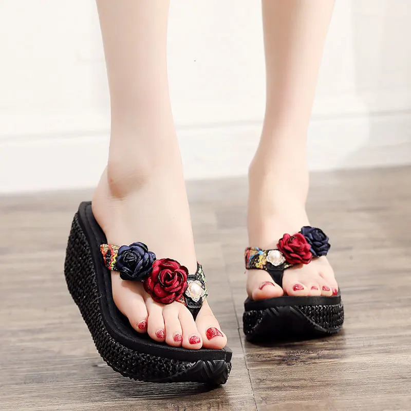 Summer Beach Sandals Womens Flower Flap Bohemian Beach Beaded Womens Wedge Sandals Non slip Outdoor Slippers 7cm High Heels 240611