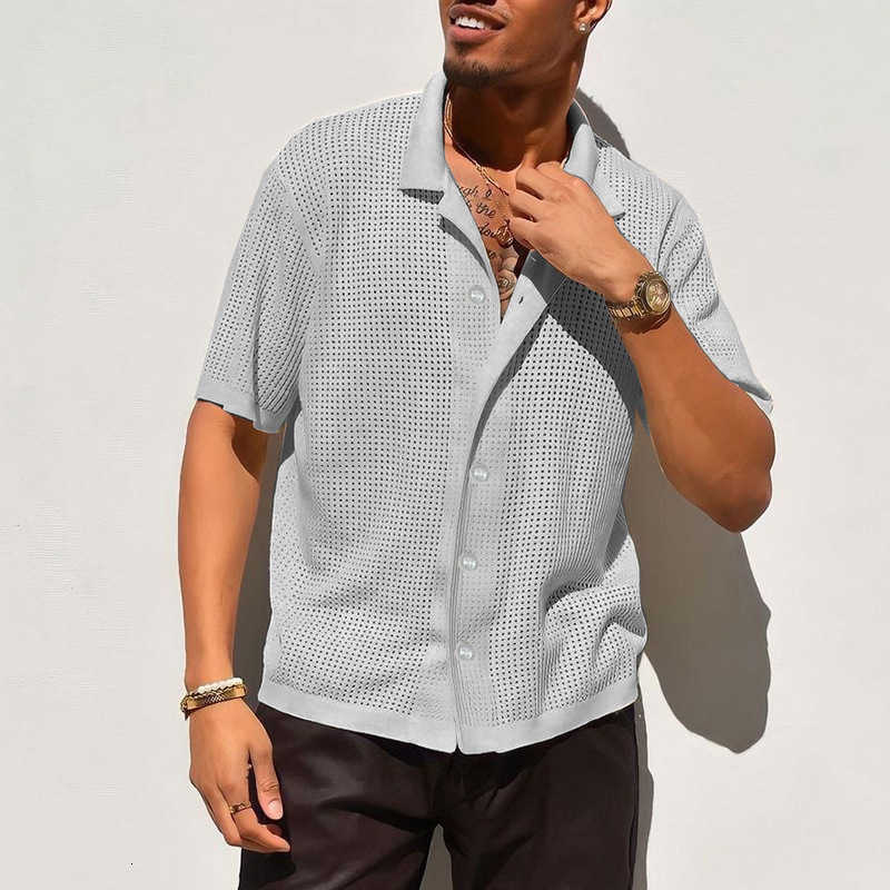 Men's Polos Shirts Man Casual Knitted Shirt Men Summer New Solid Color Lapel Hollowed Out Breathable Male Short Sleeved Top Tops