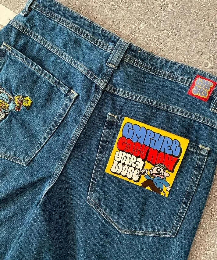 American Retro Men Embroidered Denim Shorts Y2k Personalized Hip Hop High Waist Straight Couple Loose Pants sweatpants 240601