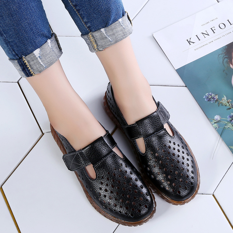 Women's Mother Female Genuine Leather White Shoes Sandals Loafers Moccasins Hook Loop Outdoor Cool Beach Summer Hollow