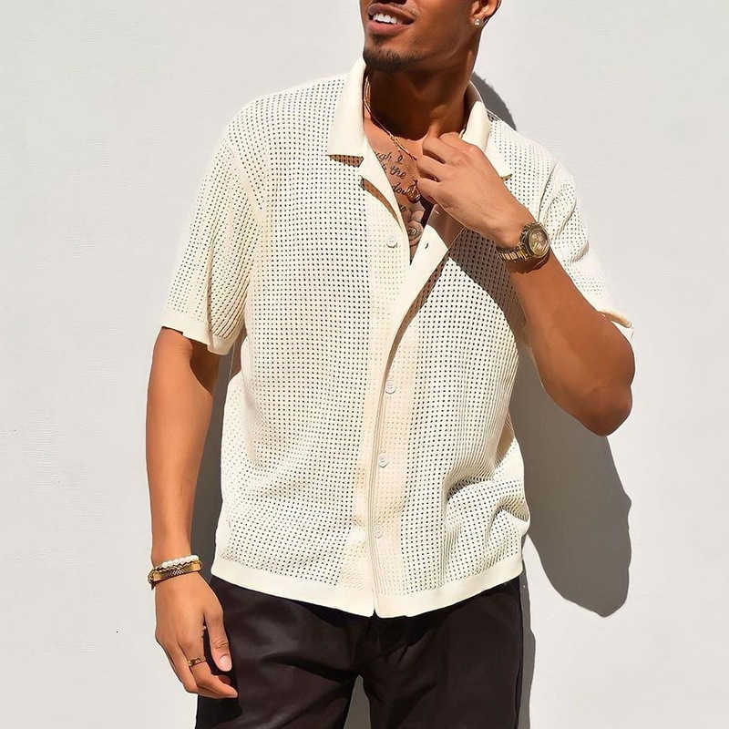 Men's Polos Shirts Man Casual Knitted Shirt Men Summer New Solid Color Lapel Hollowed Out Breathable Male Short Sleeved Top Tops