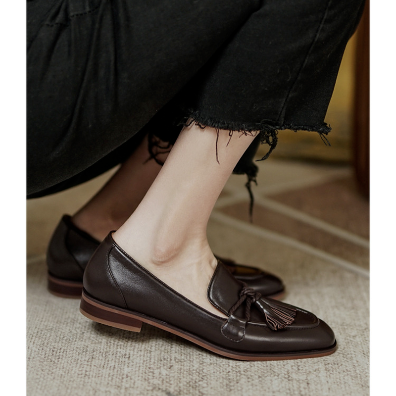 Women's Retro Square Toe Tassel Loafers in Genuine Leather - Brown dh911125171