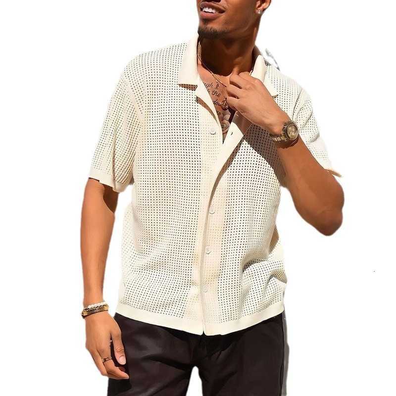 Men's Polos Shirts Man Casual Knitted Shirt Men Summer New Solid Color Lapel Hollowed Out Breathable Male Short Sleeved Top Tops
