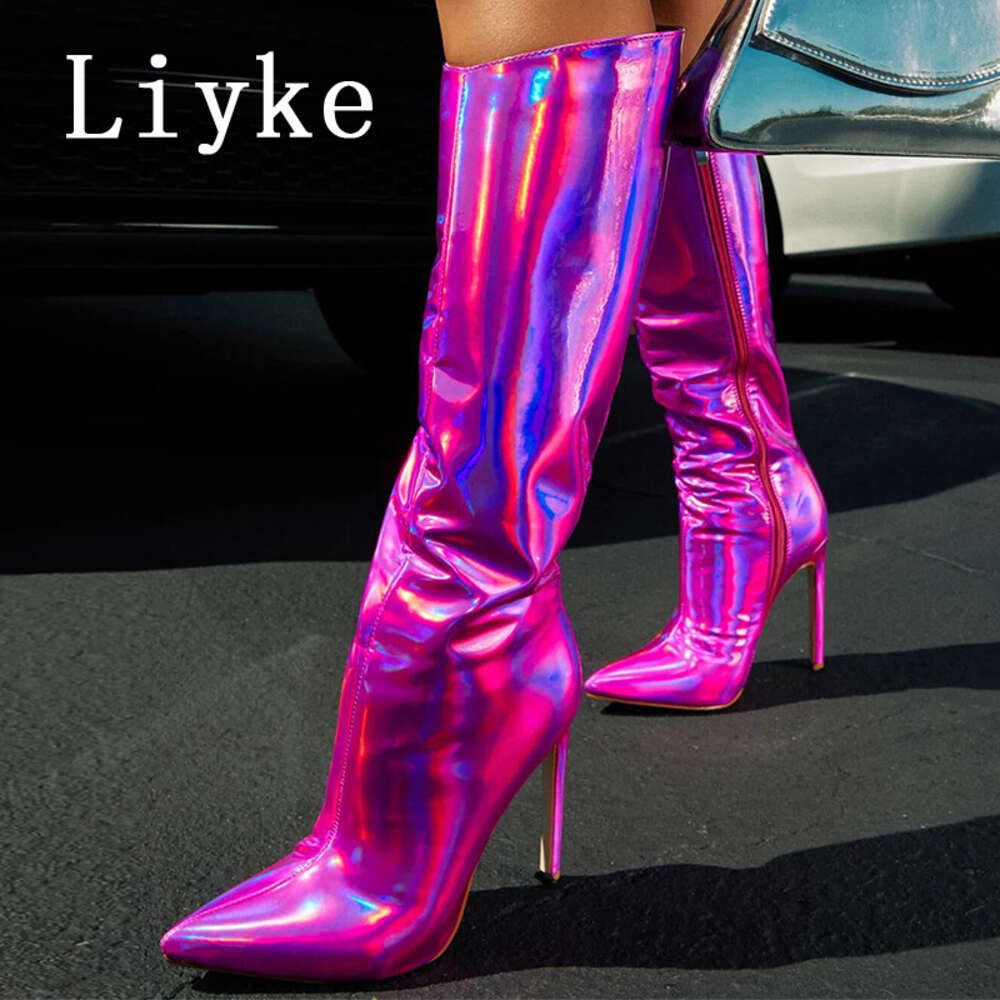 Liyke Sexy Party Nightclub Stripper Knee High Boots Female Green Smooth Patent Leather Pointed Toe Heels Women Shoes Zip Booties