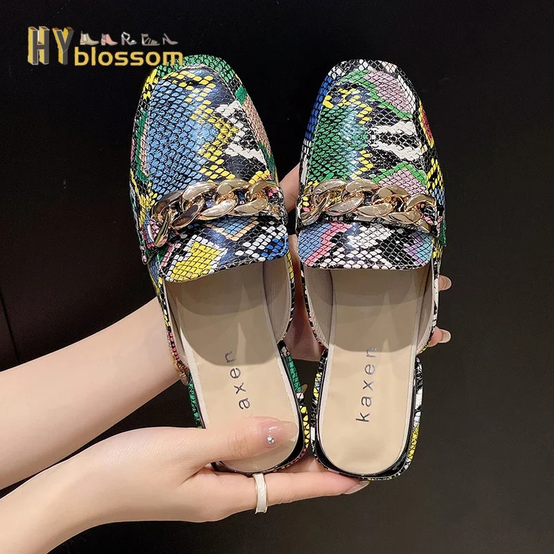 Snake Prints Chain Mules Womens Slides Square Toe Shoes Classic Fashion Footwear Plus US 42 43 Slippers Womens Shoes 240611