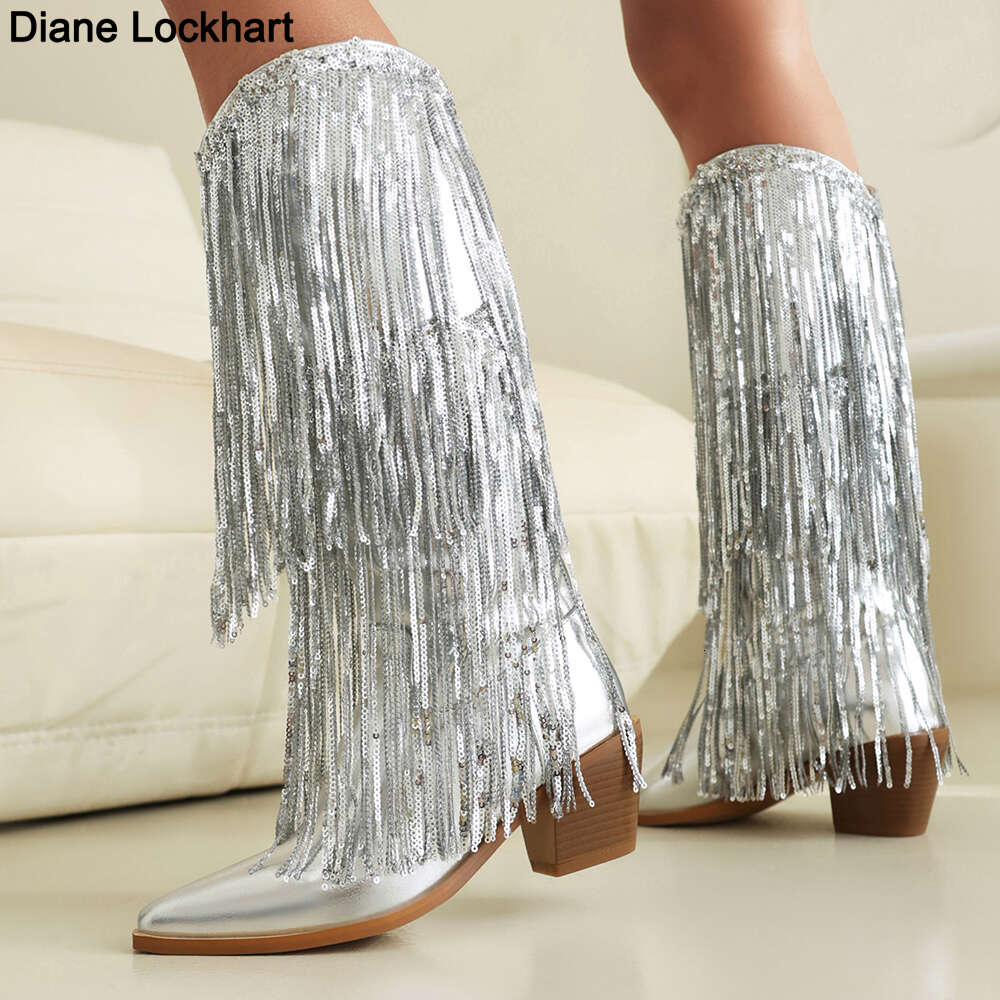 Vintage Women Tassel Shoes 2023 Fringe Middle Heels Western Cowgirl Fashion Slip-On Pointed Toe Ethnic Boots Female