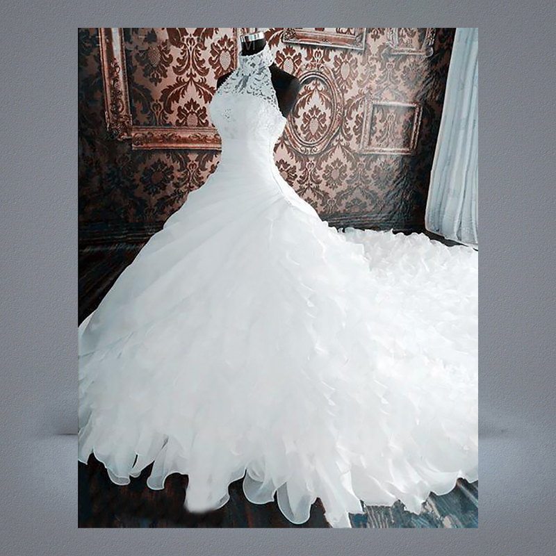 White Gorgeous Bridal Gowns Lace Halter Wedding Dresses Tiered Skirts Long Train Plus Size Ball Gown Wedding Dress vestidos de nov