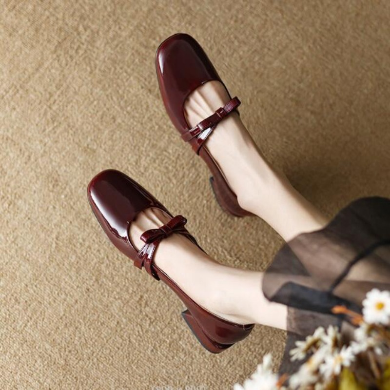 Women New Mary Jane Red Ladies Footwear Japanese Style Lolita Low Elegant Bow New Leather Chunky Heel Shoes 68c3