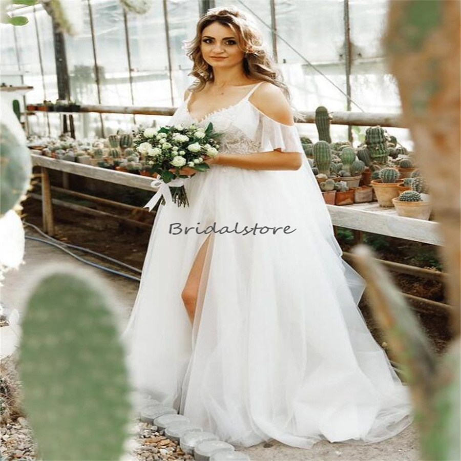 Celtic Boho Civil Wedding Dresses Cap Sleeves Fairy Spaghetti Straps High Slit Bohemian Bridal Dress 2024 Country Bride Summer Vestios De Novias A Lin