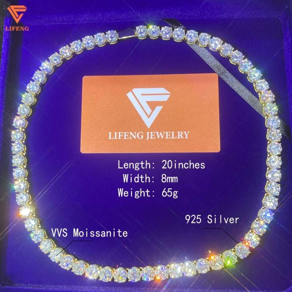 Lifeng Jewelry 925 Silver 18k Gold Plated Tennis Chain Iced Out 8mm d Vvs Moissanite Tennis Link Chain Necklace Set Bracelet