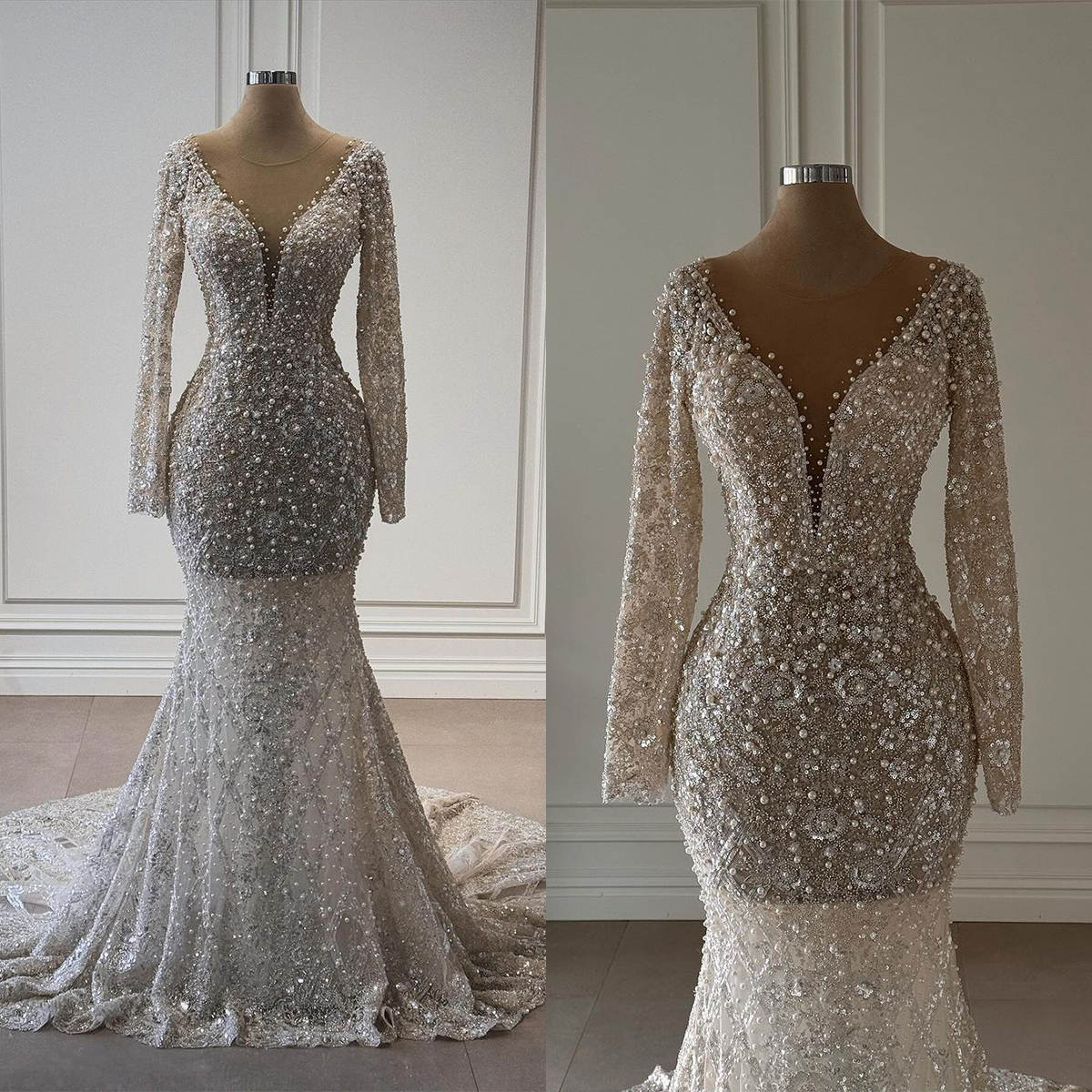 Vintage Mermaid Wedding Dresses Pearl Applique Bridal Gowns Long Sleeve Beading Sequins Custom Made Illusion Vestido de novia