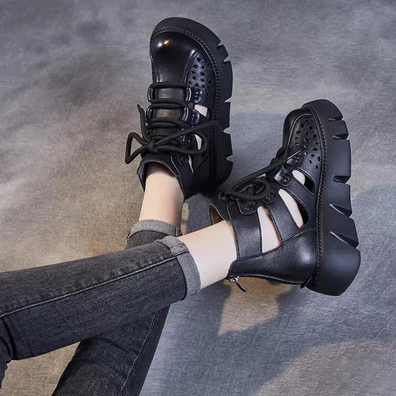 Handmade Retro Women Platform Sandals Pu Leather Hollow Baotou Wedges Gladiator Shoe Back Zipper Thick Bottom Cool Boot 240611
